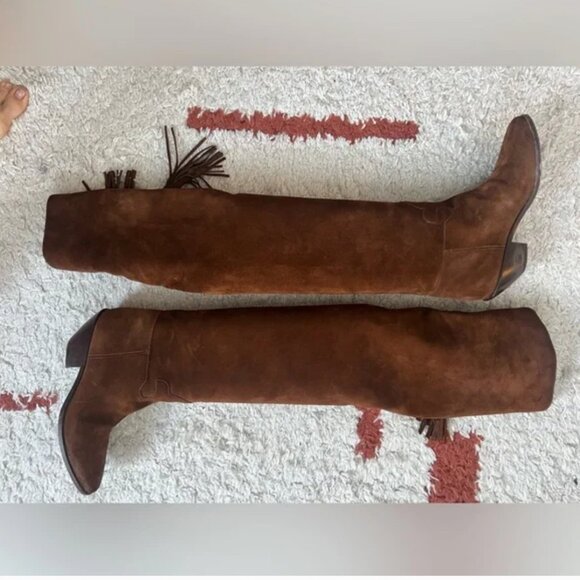 YSL Saint Laurent OTK Over-the-Knee Brown Suede Lace-Up Boots Size 37.5 - Picture 8 of 8